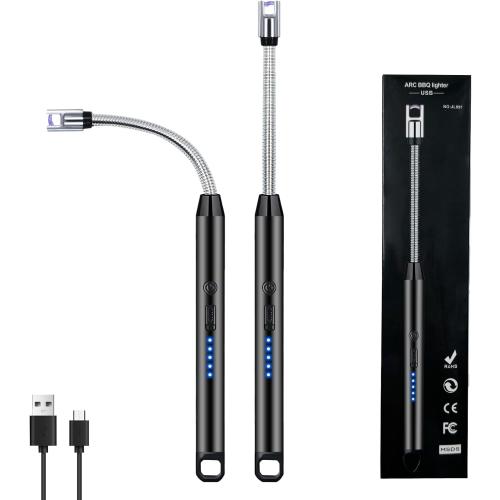 2 PCS Candle Lighter, Electric Lighter Arc Windproof Flameless with 360° Flexible Neck & LED Power Display, Lighters for Candle for BBQ, Grill, Camping, Fireplace, Stove