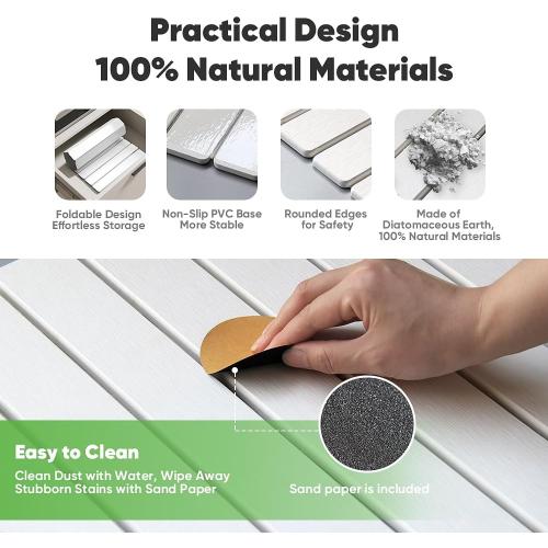 Stone Dish Drying Mat for Kitchen Counter - 24 x 16 Ultra Absorbent Diatomaceous Earth Mat, Fast Drying & Foldable Countertop Protector, Non-Slip Eco-Friendly Stone Mat for Dishes