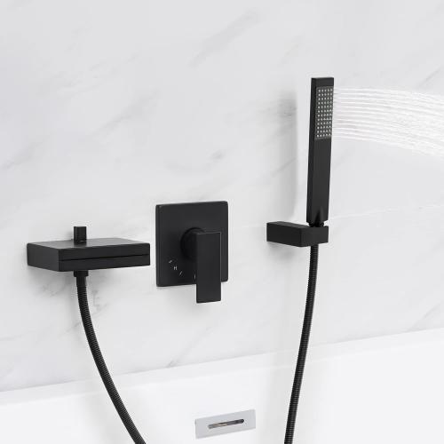 KES Tub Faucet Wall Mounted with Waterfall Spout, Bathtub Faucet with Shower Hand-Held Tub Filler Matte Black (Rough-In Valve and Trim Kit Included), XB6220-BK