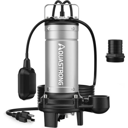 Aquastrong 1HP Sewage Grinder Pump, Stainless Steel, 115V Automatic Float Switch, Submersible Effluent/Sump Pump for Sump Basin, Basement Residential Sewage, 2'' NPT Discharge