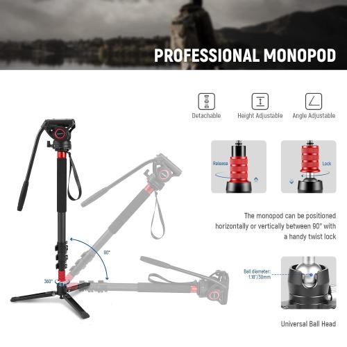NEEWER 71.6 Pro Camera Monopod with Feet, Carbon Fiber Telescopic Video Monopod with QR Plate Compatible with DJI RS Gimbals, Removable Base for Camera Camcorder, Max Load 13.2lb/6Kg, TP71