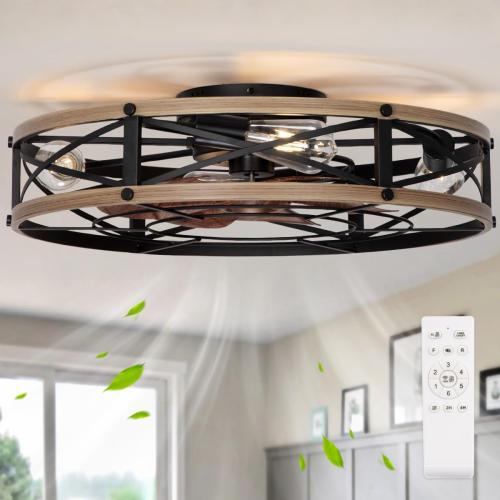SHLUCE 24 Flush Mount Farmhouse Ceiling Fan with Light, Modern Caged Bladeless Ceiling Fans with Lights and Remote, Large Rustic Low Profile Ceiling Fan with Light for Bedroom, Living Room - ETL