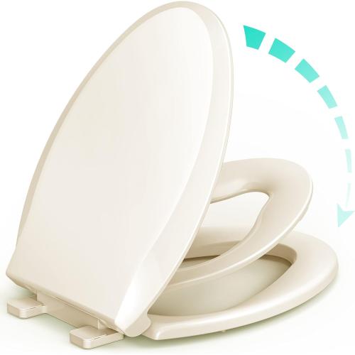 Elongated Toilet Seat with Built-in Potty Training Seat for Toddlers& Adults, Slow Close, Never Loosen, Heavy Duty, Ergonomic, Space Saving Toddler Toilet Seat, (Elongated 18.5, Oval, Bone/Almond)