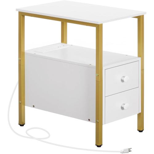 HOOBRO End Table with Charging Station, Narrow Side Table with 2 Drawer & USB Port & Power Outlets, Nightstand for Small Spaces, Stable and Sturdy, for Living Room, Bedroom, Gold and White DW541BZ01