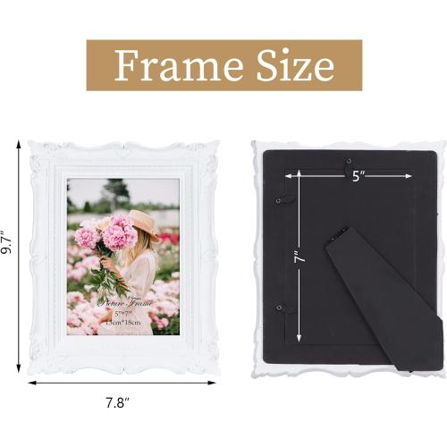 PHAREGE 5x7 White Vintage Picture Frame, 5 by 7 Ornate Antique Picture Frame for Wedding, Retro Photo Frame Displays Horizontally or Vertically On Tabletop