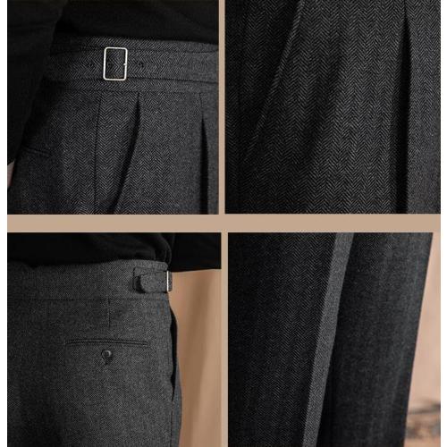 Size 32 Men Trousers Vintage Tweed Blend Pants Herringbone Slim Fit Pleat-Front Pant