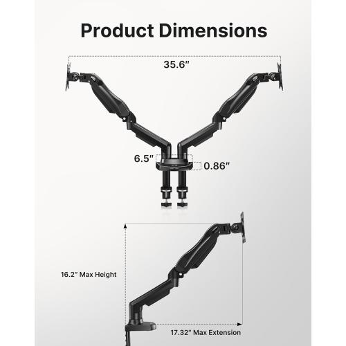 HUANUO Dual Monitor Stand - Full Adjustable Monitor Desk Mount Swivel Vesa Bracket with C Clamp, Grommet Mounting Base for 13 to 32 Inch Computer Screens - Each Arm Holds 4.4 to 19.8lbs