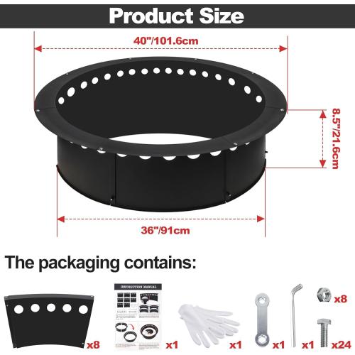 Outdoor Smokeless Fire Pit Ring 40 Inch Outer/36 Inch Inner Diameter, Heavy Duty Metal Round Liner Insert for Outside DIY Campfire or Bonfire Ring, Above or In Ground Use