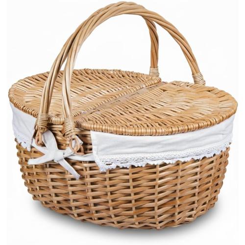 Wicker Picnic Basket with Lid and Handle 15 Sturdy Woven Body with Washable Lining for Easter,Mother's Day,Outdoor Camping,Not Dyed
