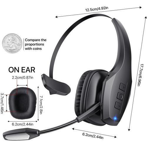 Trucker Bluetooth Headset, Wireless Headset with Mic, Bluetooth Headsets with Dual Noise Cancelling Microphone & Mute Button, 55Hrs Working Time PC Headsets for Cell Phones, Computer, Truck Driver