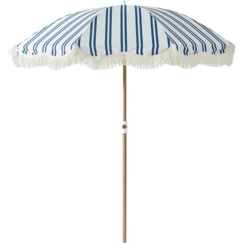 6.5FT Striped Beach Umbrella with Fringe, UPF 50  Sun Protection with Silver Coating, Adjustable Height and Tilt Design, Wind-Resistant Fiberglass Ribs, Wood Grain Iron Pole, Lightweight Design with Portable Carry Bag, Base Not Included