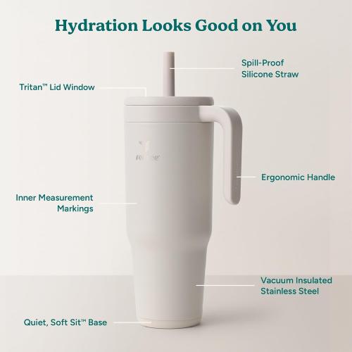 REDUCE Chiller Vacuum Insulated 40 oz Tumbler with Spill-Proof Silicone Straw - Sustainable Tritan Lid with Water Intake Markers - Soft Sit Base Travel Mug - Dishwasher Safe - Unbleached