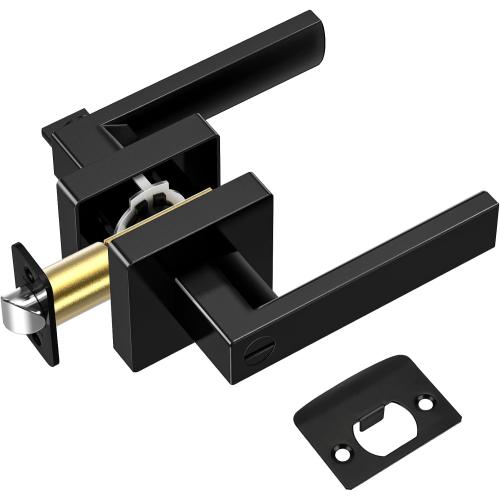 TICONN 1PK Matte Black Door Handles Interior, Reversible Square Door Levers Knob for Hallway, Bedroom, Bathroom (with Lock, 1PK Privacy)