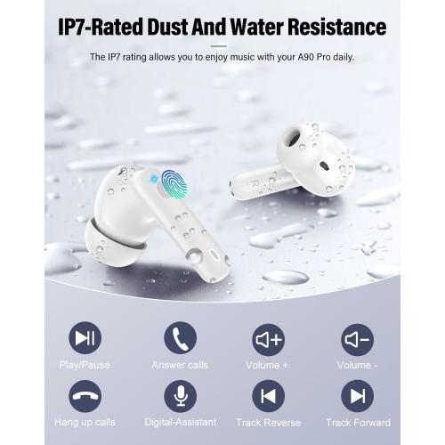 Wireless Earbuds, Bluetooth 5.4 Headphones Bass Stereo, Ear Buds with Noise Cancelling Mic, LED Display in Ear Earphones Clear Calls, IP7 Waterproof Bluetooth Earbuds for Laptop/Phones/Sports, White