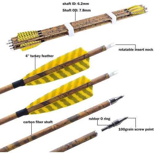 ZSHJGJR 30” Archery Carbon Arrows Hunting Arrows with 4” Turkey Feather Removable Tips Targeting Practice Arrows 500 Spine for Compound & Recurve & Traditional Bow 6/12pcs
