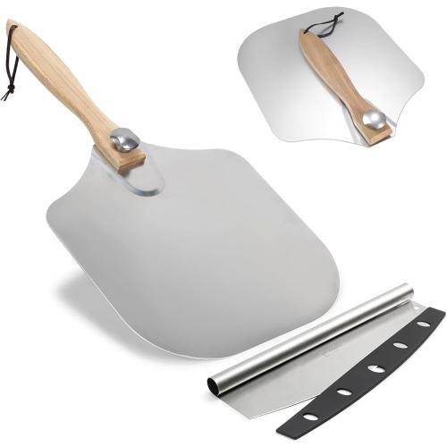 SKH Premium Aluminum Pizza Peel with Foldable Wooden Handle & Rocker Cutter -Large 23 x 12 Metal Pizza Paddle for Perfect Pizza, Easy Storage, and Precise Slicing