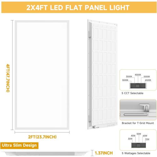 2 Pack 2x4 LED Flat Panel Light Drop Ceiling Office Fixture,9576LM, 30W/40W/50W/60W/72W Selectable,3000K/3500K/4000K/5000K/6500K 5CCT,Dimmable (0-10V) for Shop,Commercial Warehouse,ETL Listed