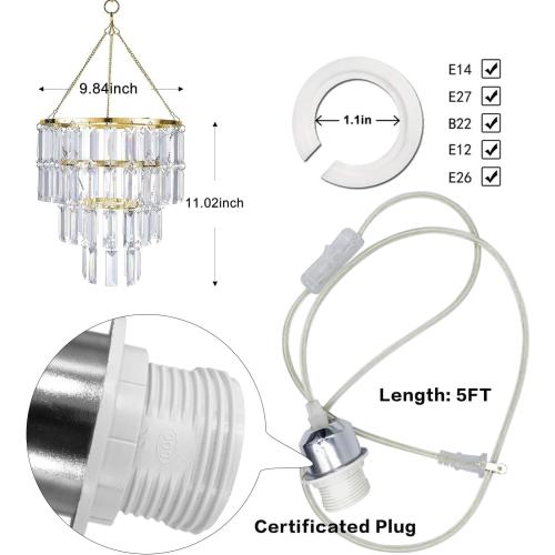 Modern Chandelier Shade with 1 Light Plug-In - Gold Faux Chandeliers Light Fixture - Pendant Ceiling Lampshade for Girls Bedroom - Size W9.84 X H11