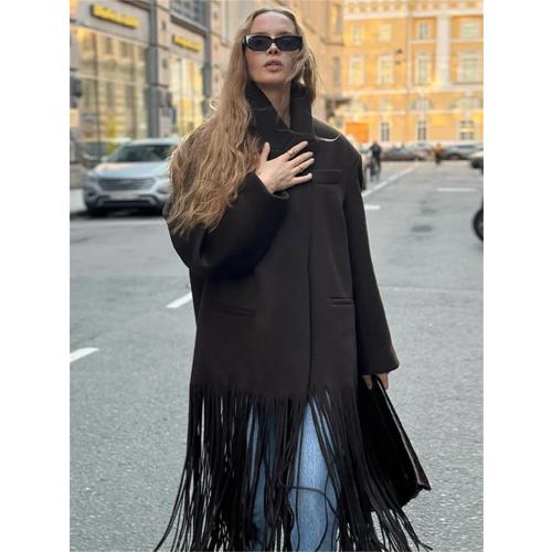 Women Woolen Tassels Long Coats Turn-Down Collar Single Breasted Pockets Jacket Elegant Solid Overcoats