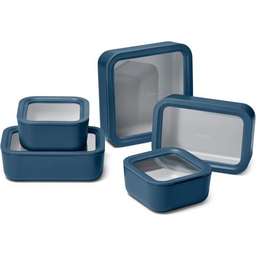 (missing container) Caraway 12 pc Glass Food Storage Container Set - Easy to Store, Non Toxic Lunch Box - with Glass Lids - Includes Storage Organizer - Navy