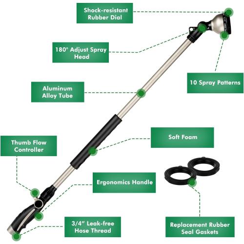 RESTMO 36” Long Watering Wand, Metal Garden Hose Wand with 180° Swivel Head and 10 Spray Patterns, 3ft Heavy Duty Hose Nozzle Sprayer with Thumb Flow Control, Ideal to Water Hanging Baskets, Shrubs
