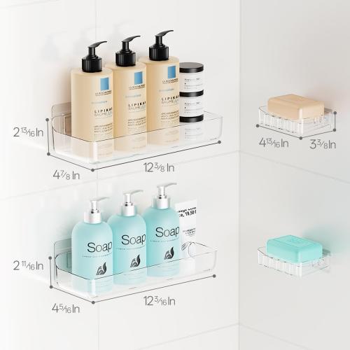 Sotfamily Crystal-Clear Shower Caddy with Soap Dish & Adhesive Pads, 2 Pack