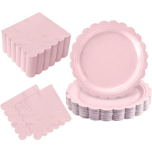 Oigco 50 Pcs Pink Plates and Napkins, Disposable Light Pink Scalloped Paper Plates & Napkins for Wedding Bridal Shower Birthday Baby Shower, Serves 25