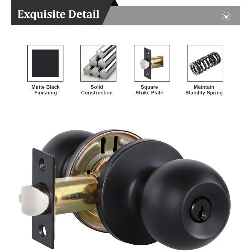 Lanwandeng Matte Black Door Knobs with Lock and Keys, Interior/Exterior Door Knob for Bedroom or Bathroom, Entry Door Lock