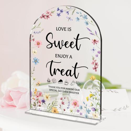 Wedding Signs Decor, Love is Sweet Sign for Dessert Table, Wedding Supplies 5x7 Inch, Wedding Signs for Ceremony And Reception, Arch Acrylic Table Sign for Anniversary, Bridal Shower Decor (Flower)