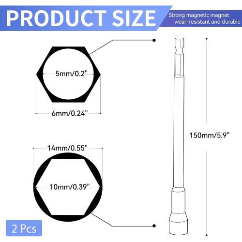 YXQ 2Pcs 10mm Hex Nut Driver Magnetic Extension Socket Drill Bit Holder, Power Nut Driver Bit Set 1/4 Quick-Change Hex Shank Drill Bit Holder for Electric Dril,150mm Length