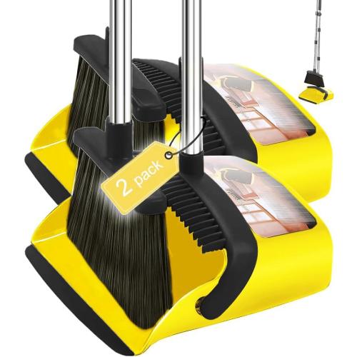 2 Pack is More economical，Brooms with Dustpan Combo Set，with 52 Long Handle, Dustpan Teeth with self-Cleaning Function, Indoor and Outdoor Sweeping, Perfect for Home Office (Large/Yellow /2-Pack)