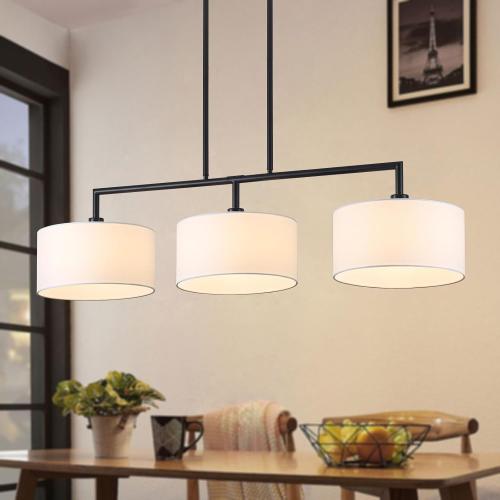 47 W Modern Linear Kitchen Island Pendant Light Fixture 3-Light White Linen Drum Shade Chandelier Black Metal Linear Chandeliers for Dining Room Farmhouse Hanging Light for Living Room, Bar, E26
