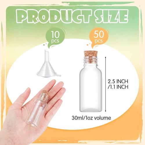 Set of  50 Packs 1 oz Plastic Sand Art Bottles with Cork Stoppers Mini Vial Potion Bottles Perfume Cork Jar with 10 Mini Funnels for Filling Jar for DIY Craft, Essential Oil, Message, Party Favor