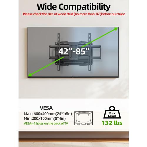 USX MOUNT Full Motion TV Wall Mount for 42-85 inch, TV Mount Swivel and Tilt,Wall Mount Bracket with Dual Articulating Arms Up to 132lbs, VESA 600x400mm, Max 16 Wood Studs, UL Listed XML019