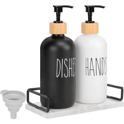 Color White and Black  Glass Soap Dispenser Set, Refillable Dish Soap Pump Dispenser, Kitchen Bathroom Counter Shampoo Conditioner Dispenser (with Marble Tray)
