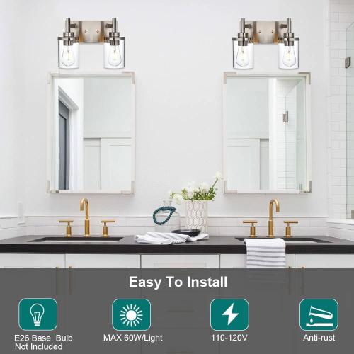 2 Light Black Vanity Wall Sconce Lights Brushed Nickel Industrial Bathroom Vanity Lighting with Clear Glass Shade Farmhouse Matte Wall Lamp for Hallway, Bathroom Wall Sconce Fixtures
