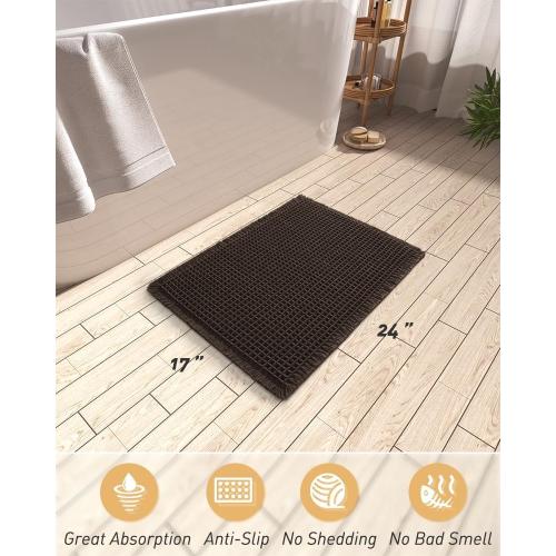 AMOAMI Upgraded Waffle Bath Mat, Super Absorbent Non Slip Bath Mats for Bathroom Floor, Washable Bathroom Rugs with Tassels, Rubber Backed Bathroom Mats, Ultra Soft, 17 x 24, Chocolate