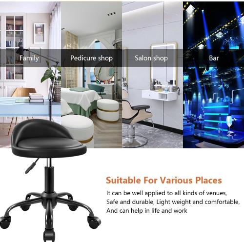 KKTONER Rolling Stool with BackRest Height Adjustable Round Chair with Wheels Swivel Drafting Work PU Leather stools Small (Black)