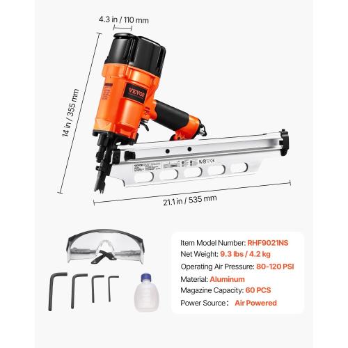 VEVOR Framing Nailer, 80-120PSI Air Nail Gun, 2 to 3-1/2 21 Degree Full Round Head Pneumatic Framing Nailer with Tool-Less Depth Adjustment & Dual Trigger Modes, Ideal for Framing Decking Flooring