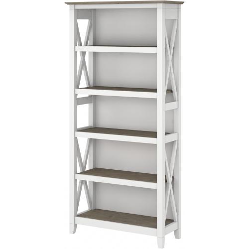 Bush Furniture Tall 5 Shelf Bookcase for Living Room or Home Office, Large Bookshelf, Modern Farmhouse Style, Key West Collection, Pure White and Shiplap Gray