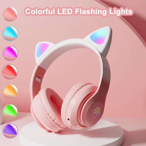 Kids Headphones for School, Kid Bluetooth Wireless Cat Ear Headphones with Microphone, Over Ear Headphones for Kids Teens Adults (Pink Pro)
