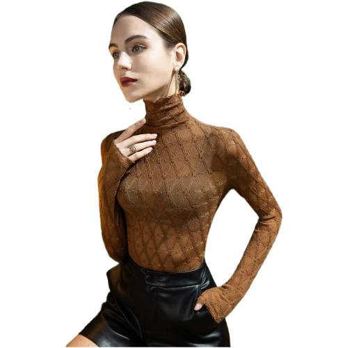Women's Large Long Sleeve Bodycon Turtleneck Tees Top Lace Sexy See Through Sheer Mesh Eyelash Trim Shirts Elegant Blouse
