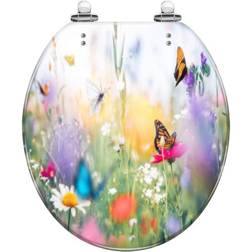 Round Toilet Seat Meadow With Butterflies Resin Toilet Seat Quietly Slow Close with Quick-Release Hinges Toilet Seat with Cover Easy to Clean Install