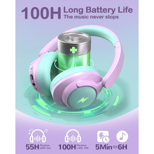 Hybrid Active Noise Cancelling Headphones for Kids, Wireless Bluetooth 6.0 Headset, 100H Playtime, Built-in Mic, Type-C Fast Charging, 94dBA Safe Volume, Colorful LED Lighting