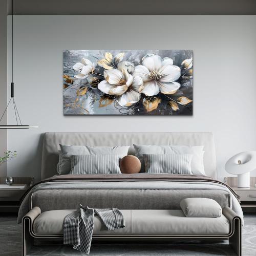 KELIYUAN Large Canvas Wall Art For Bedroom Wall Decor For Living Room Office Decorations Abstract White Flowers Paintings Pictures Artwork Modern Framed Posters Home Decor Ready To Hang 24x48