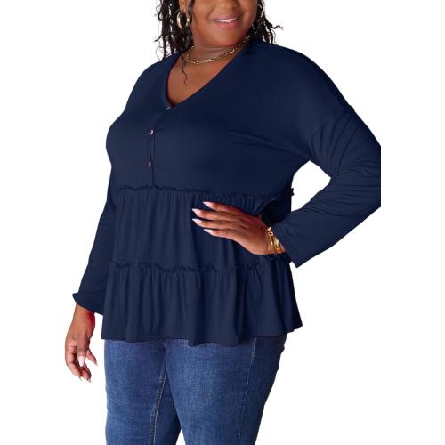 SIZE XLWomen's Casual Blouse Ruffle Layered Half Button Blouse Top Charcoal Lightweight Knit Fabric Long Sleeve Button-Front