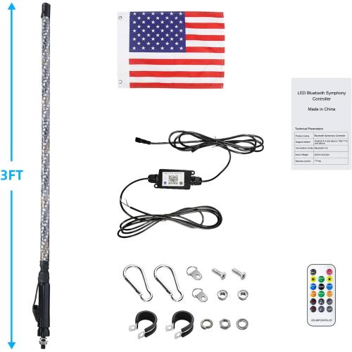 3FT-1PC LED Whip Lights for RGB Dancing/Chase,Whip Lights Support APP/Remote Control,600  Color Mode Combinations,LED Whip Suitable for ATV,RZR, Dune Buggy,Polaris,Can-am,Jeep