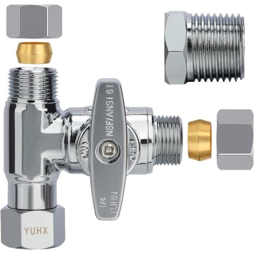 YUHX Brass Angle Stop Add-A-Tee Valve for TOTO Washlet Bidet and Handheld Sprayer, 3/8 Inch Compression Shut Off 3 Way Diverter Connector, 3/8 x3/8x3/8 or 1/2 Toilet T Adapter
