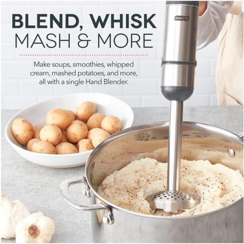 Dash Chef Series Deluxe Immersion Hand Blender Set, 5 Speed, 330W with Food Processor, Whisk, Masher & Dough Hook Attachments, Stainless Steel Blades for Soups, Sauces, Smoothies & Purées - Cool Grey