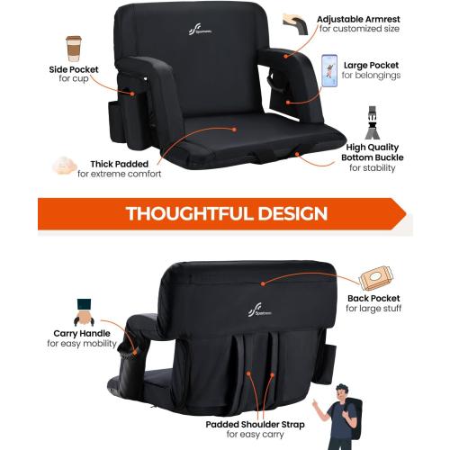 Sportneer Stadium Seats with Back Support: 2.5'' Thick Comfy Cushion 6 Adjustable Angle Bleacher Seat with Armrest - 2 Large Pockets, 2 Cup Holders Stadium Chair for Sport Events Concerts Parks